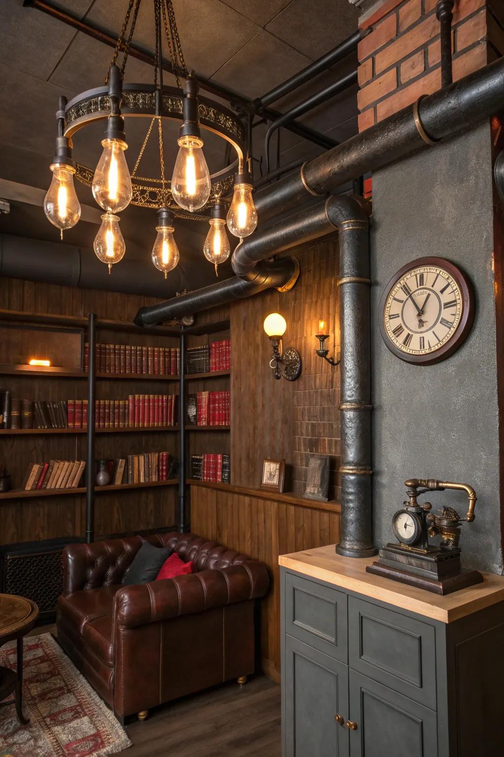 Illuminate your home with industrial lighting that perfectly captures the steampunk spirit. #LightingDesign #SteampunkStyle #InteriorInspiration