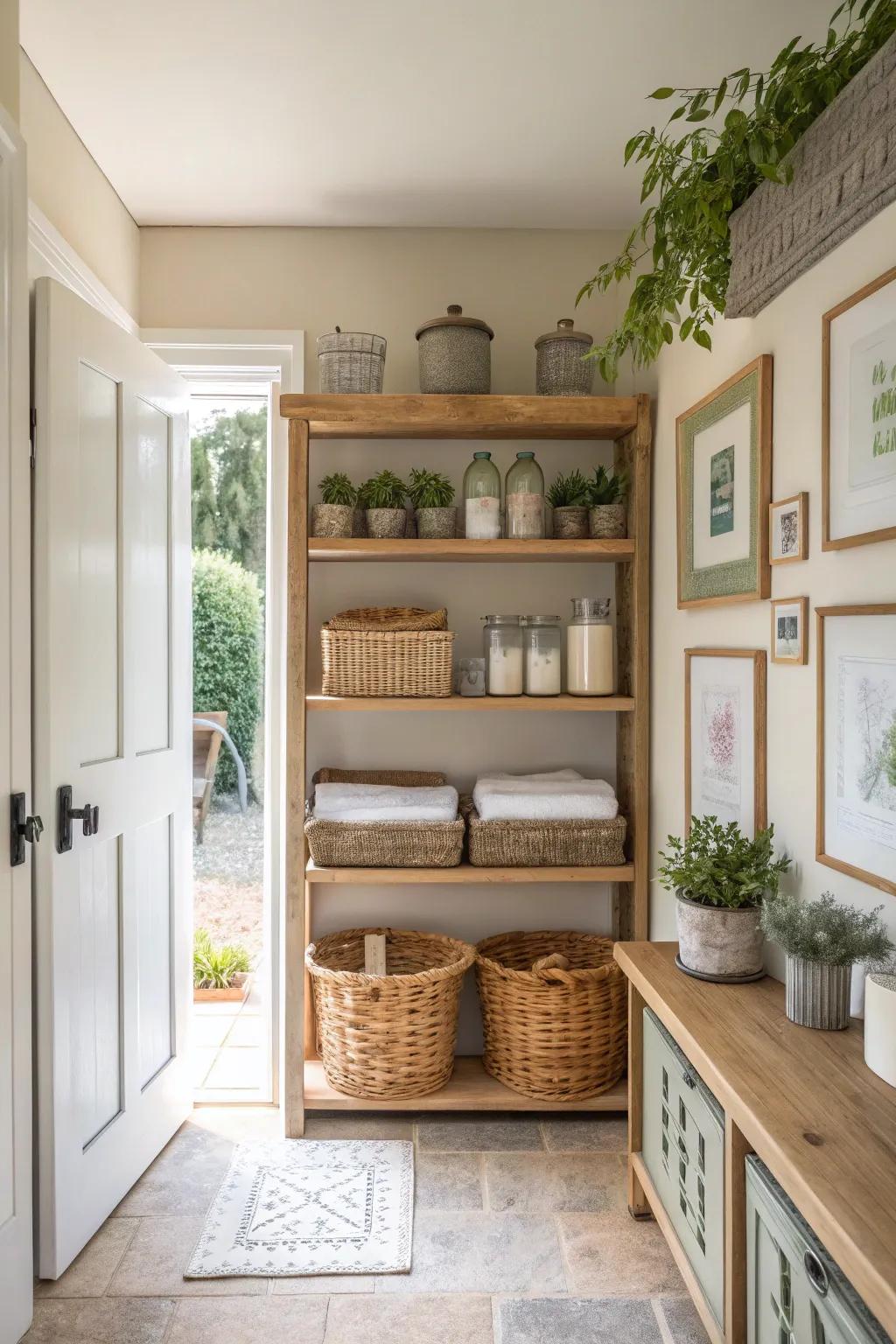 Open shelves make it easy to grab what you need while keeping your utility room stylish and organized.