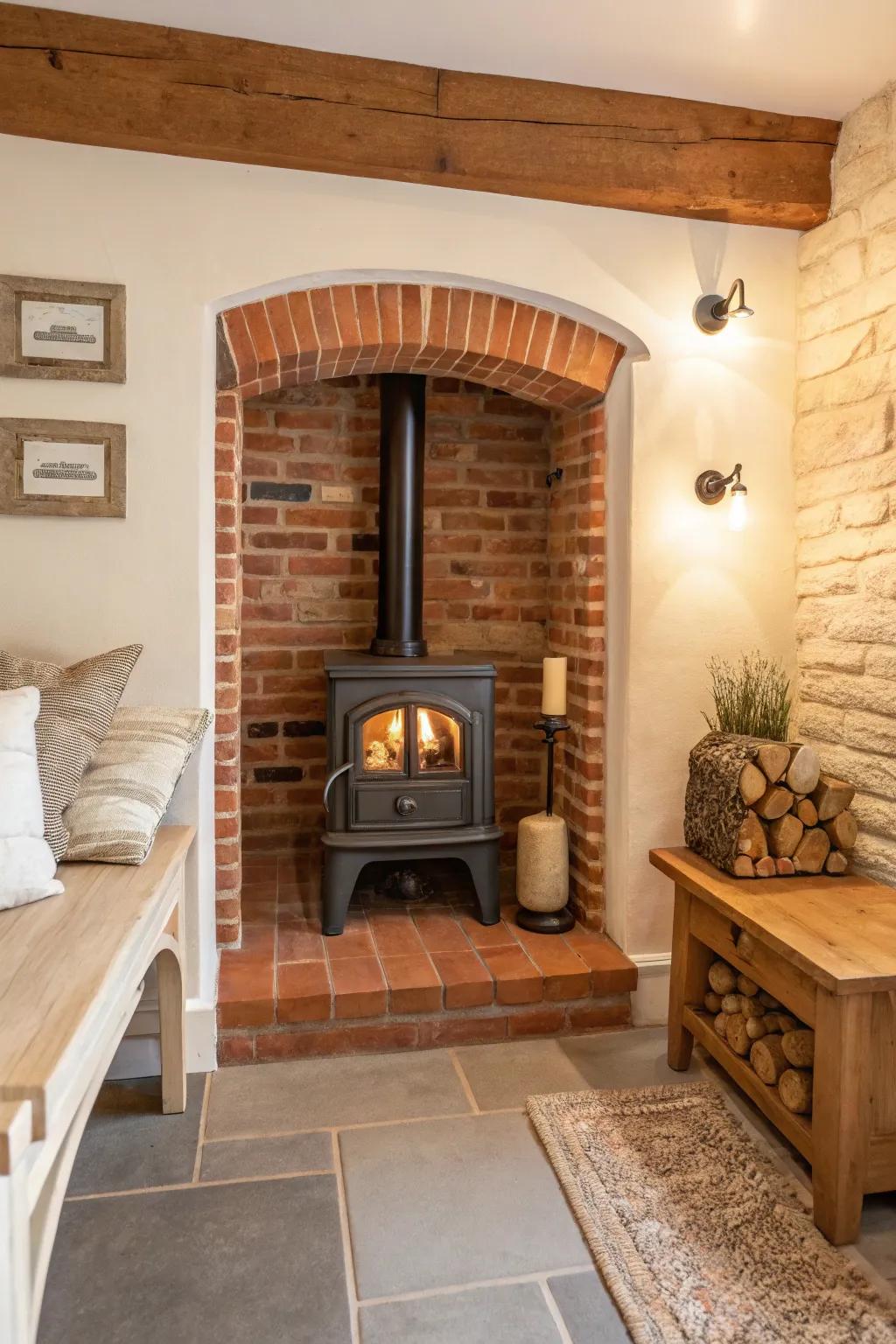 Brick backdrops offer a charming and traditional feel to your wood stove alcove.