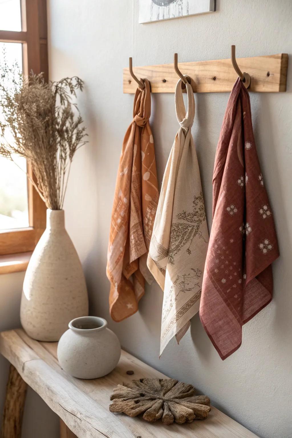 Wall hooks offer a colorful and convenient way to keep your bandanas within reach. 🎨 #HomeDecor #WallArt #ColorfulDesign