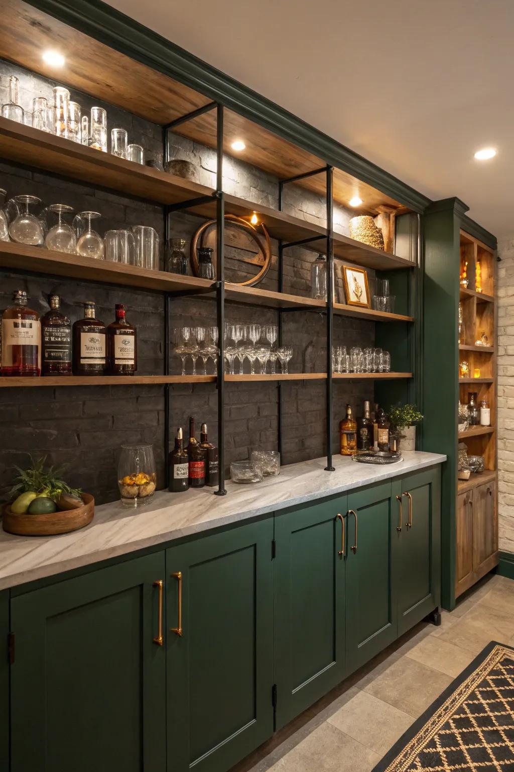 Display your collection with open shelving that adds depth and style to your bar. #HomeBar #DesignInspo