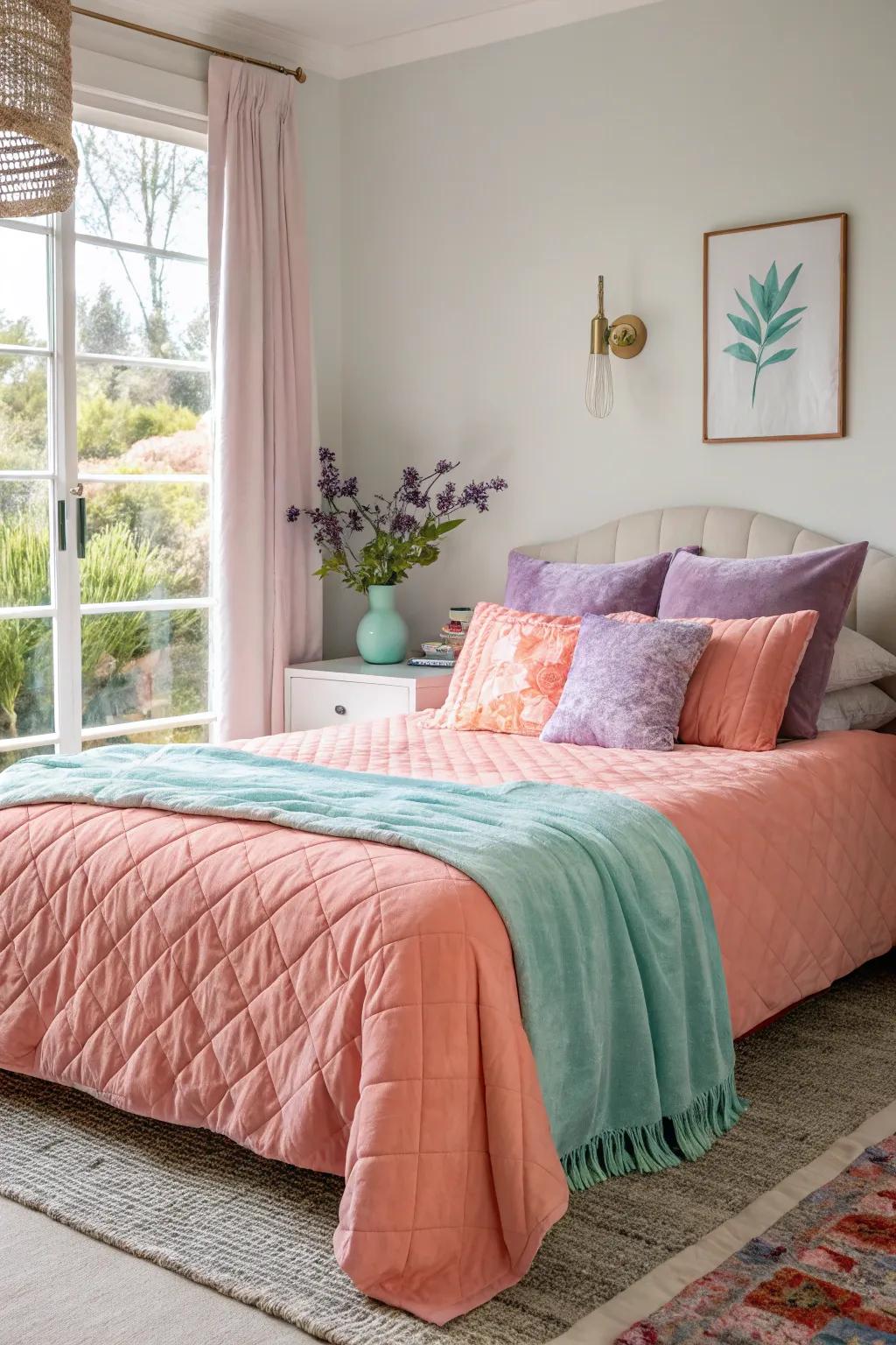 Let soft pastels create a serene and inviting bedroom retreat. Perfect for relaxation and rejuvenation.