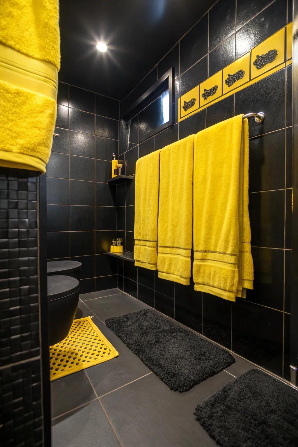 Subtle yellow accents bring warmth to a modern black base, creating a cozy yet chic atmosphere. #HomeInspiration #BathroomDecor