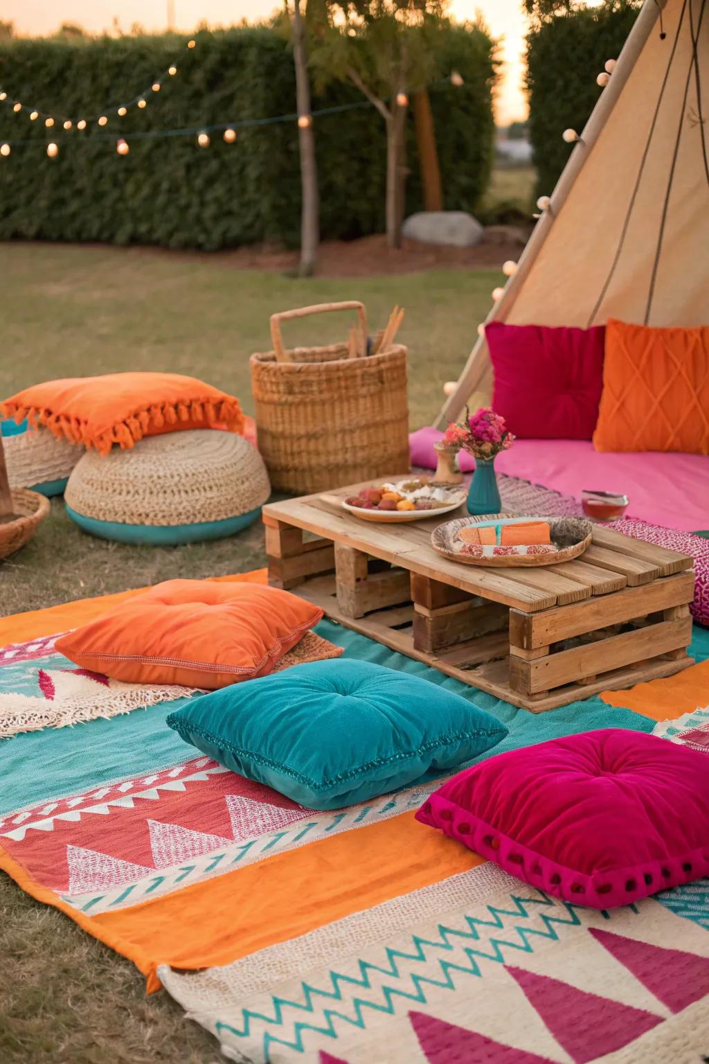 Create a cozy boho picnic with layered rugs and vibrant cushions. 🌿 #BohoVibes #OutdoorParty #PicnicSetup