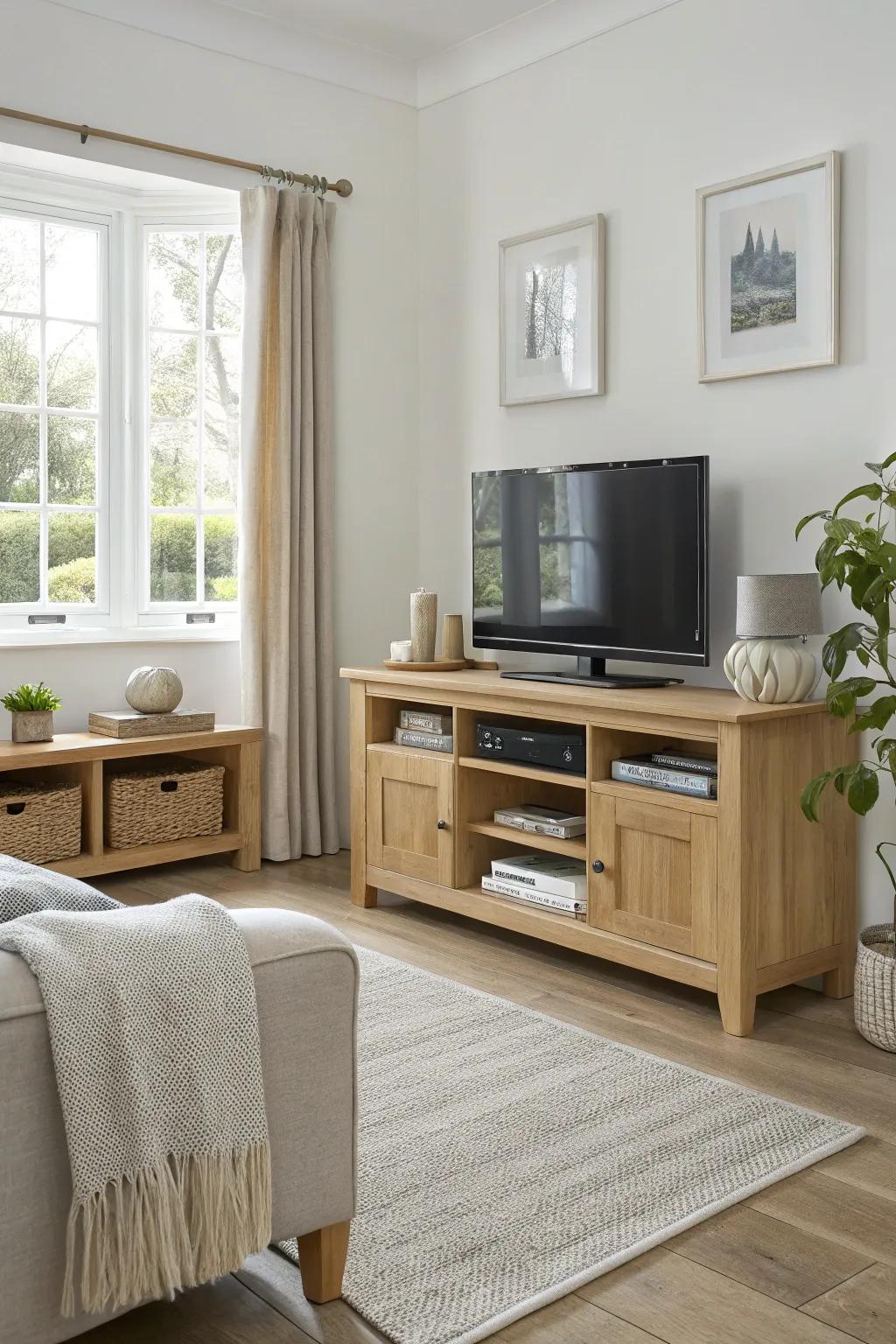 Organize DVDs with under-TV storage, keeping them handy yet neatly tucked away. 📀📚 #HomeOrganization #MediaStorage