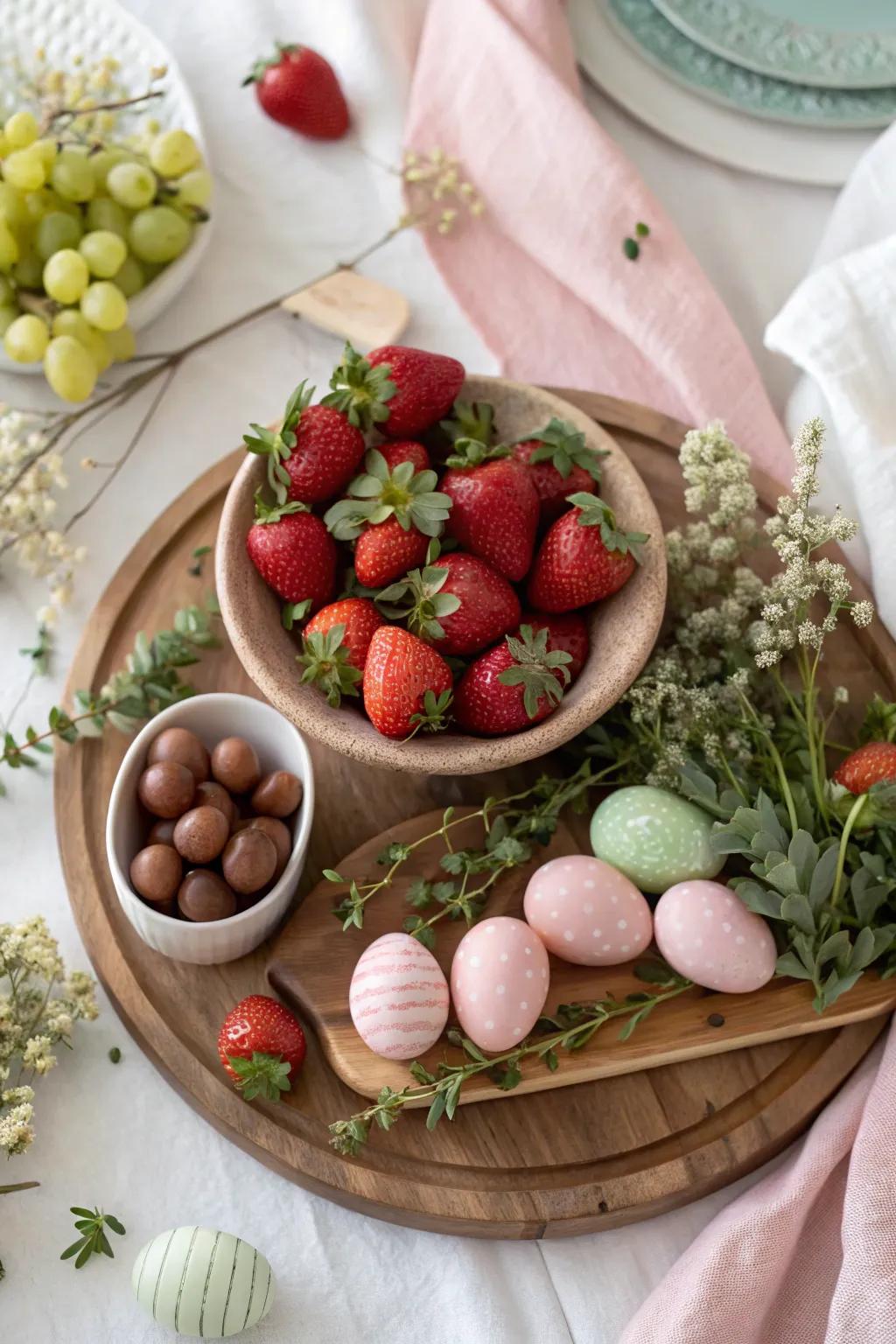 Indulge in the perfect blend of sweet and juicy with this fruit and chocolate platter. 🍓🍫 #FruitPlatter #EasterTreats