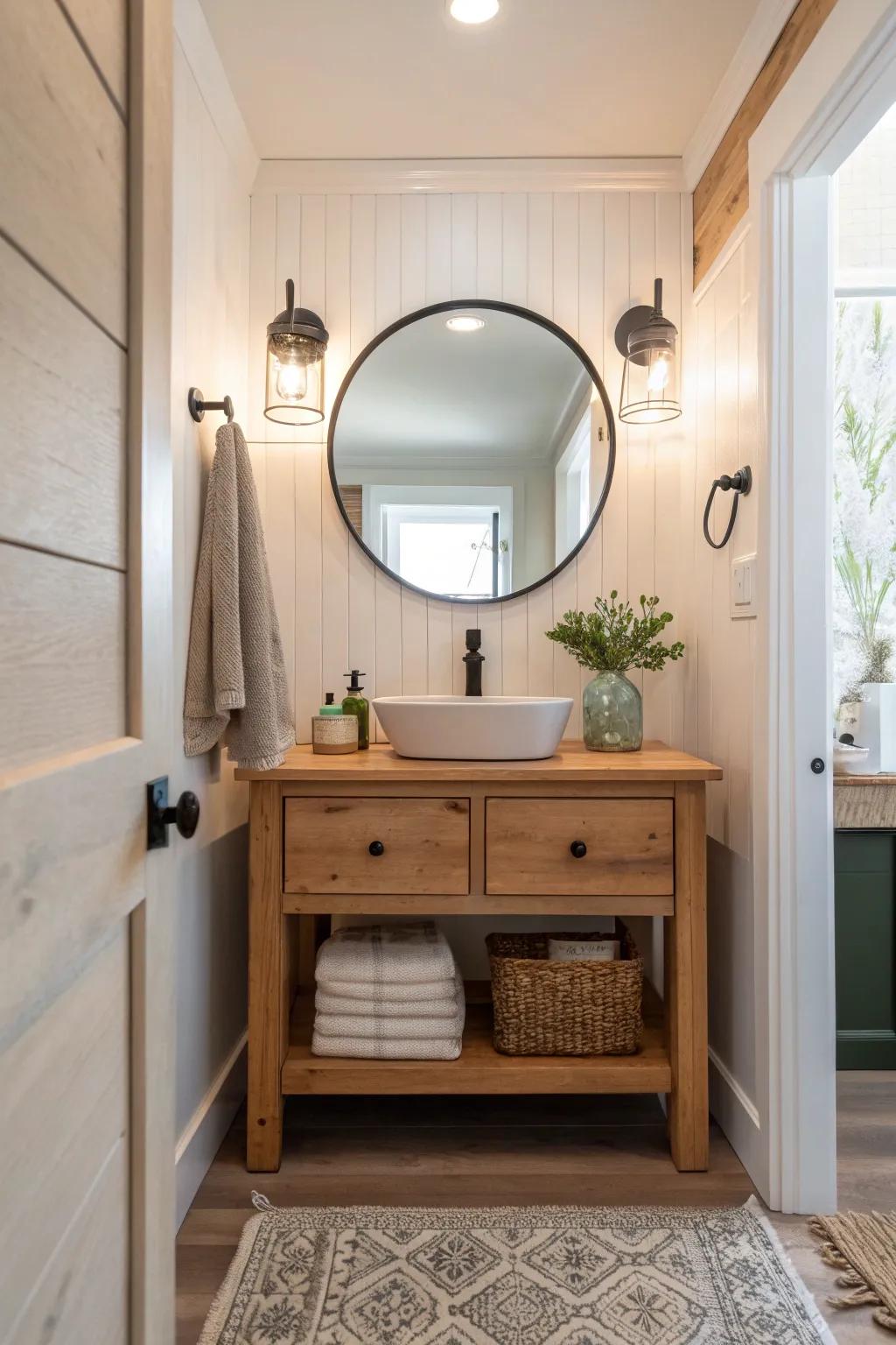 Round mirrors add a gentle, elegant touch to your farmhouse half bath.