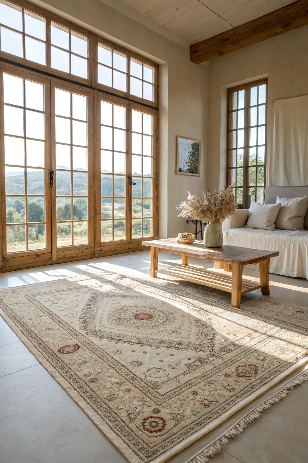 Sunlight dancing on a French country rug creates a bright and inviting space. ☀️ #NaturalLight #FrenchCountry