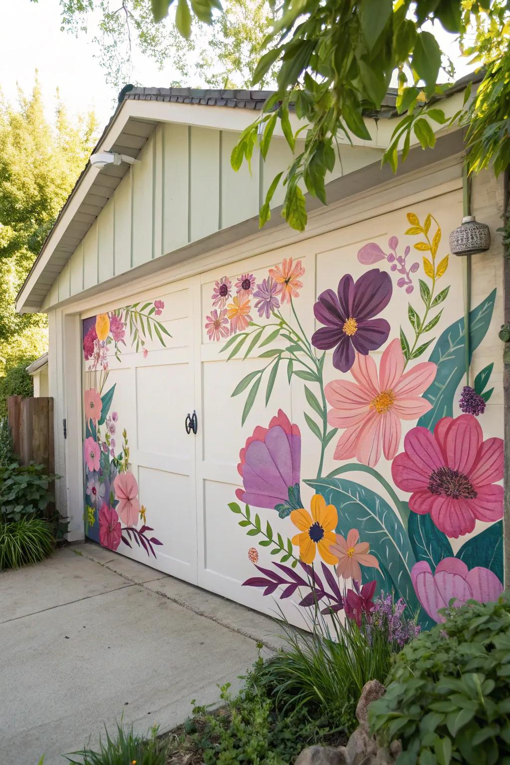 Let a floral mural breathe new life into your garage door, creating a vibrant and inviting atmosphere.
