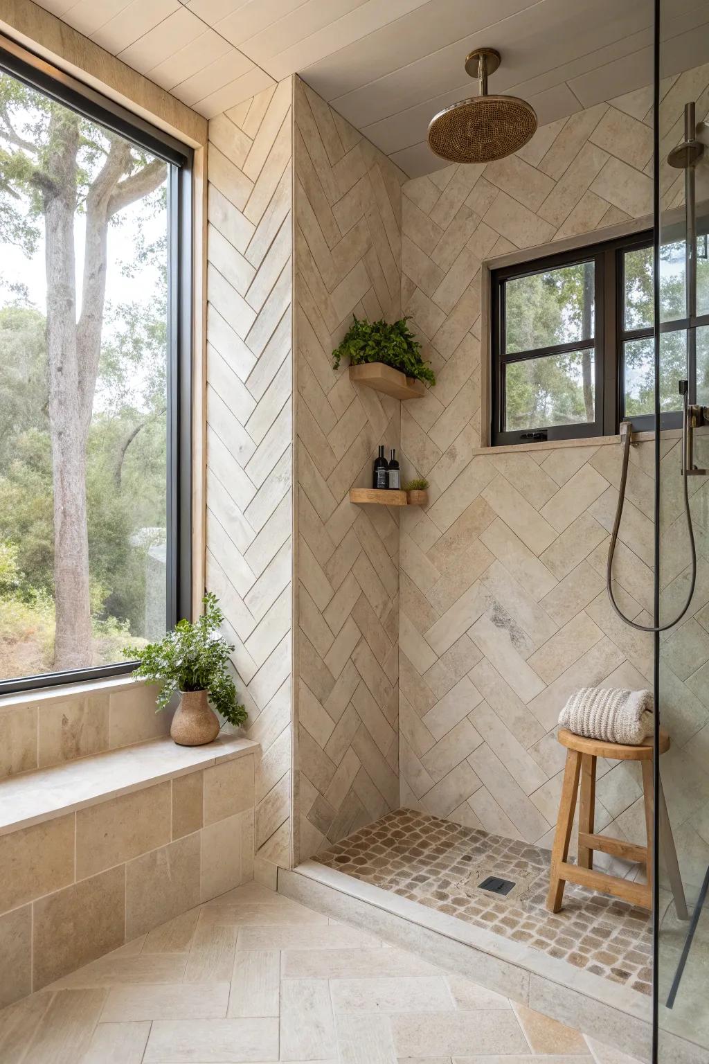 Transform your shower into a peaceful retreat with soothing neutral tones.