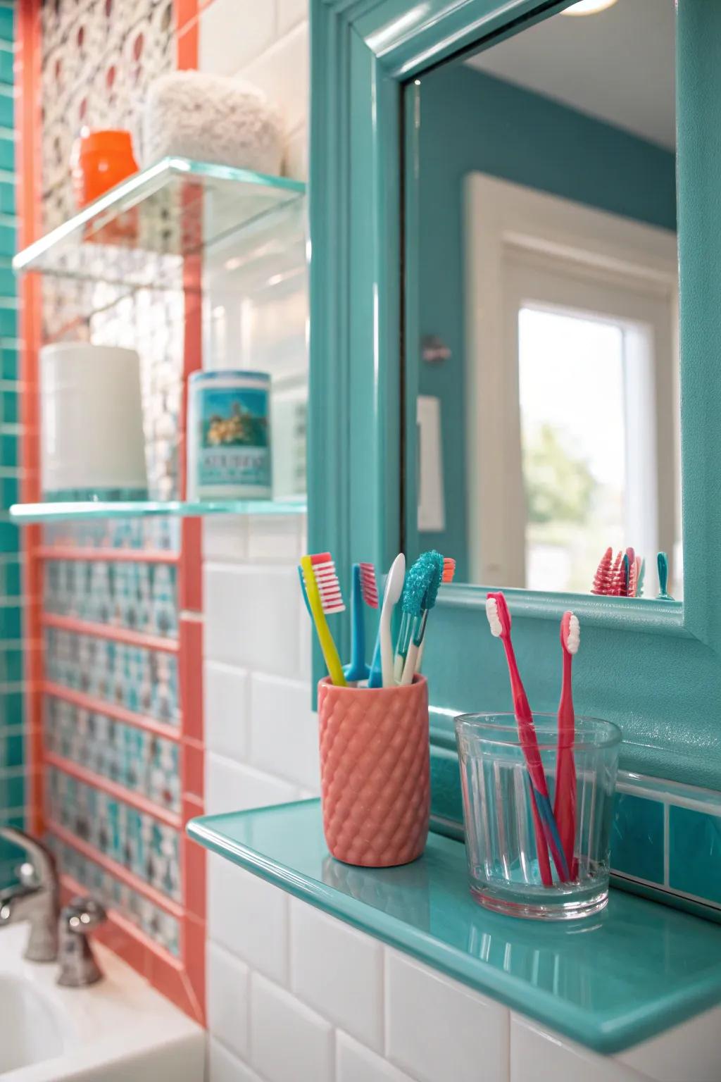 Maximize space with hidden shelving behind your mirror for a sleek, modern look.