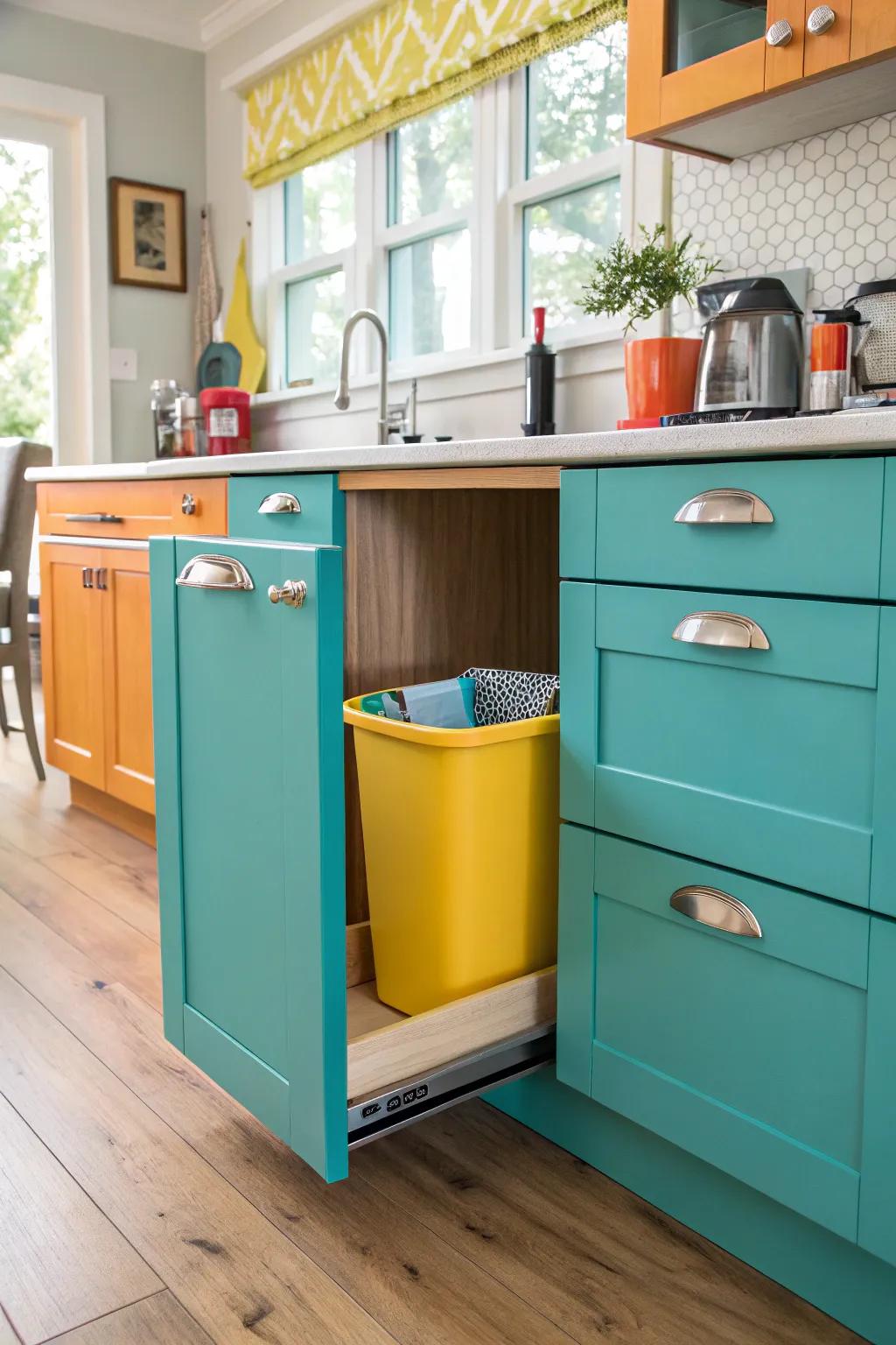 Custom cabinetry provides a luxurious and efficient way to conceal your trash.