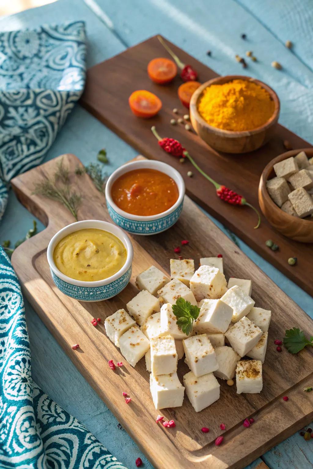 Indulge in the creamy delight of paneer cubes, perfect for pairing with spicy dips. 🧀 #IndianCuisine #CharcuterieBoard