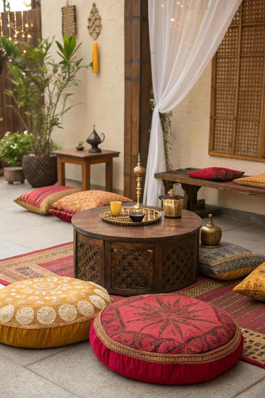 Create a relaxed atmosphere with traditional Indian low seating arrangements. 🌿 #HomeDecor #IndianStyle #CozyCorners