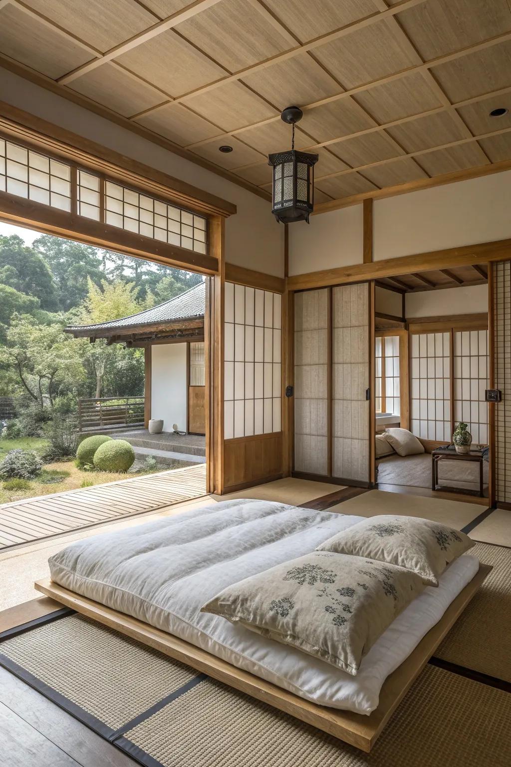 Experience the comfort and simplicity of a futon or low bed in your Japanese-inspired retreat. #BedroomDesign #Minimalism #JapaneseStyle