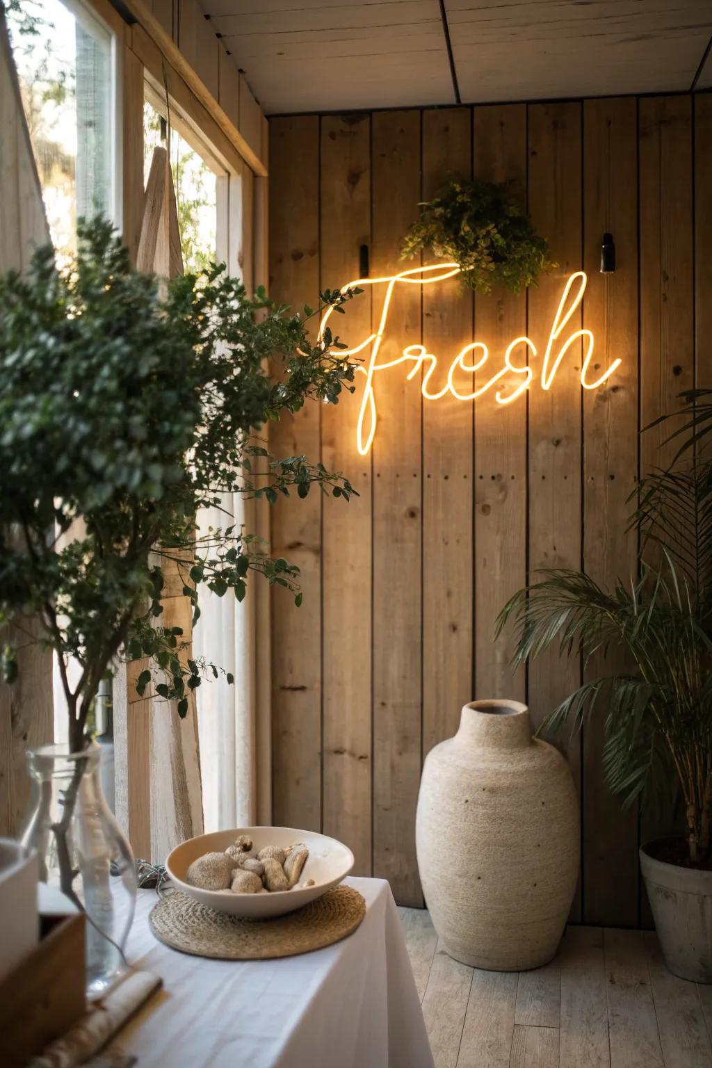 Rustic wooden panels create the perfect canvas for a glowing neon masterpiece.