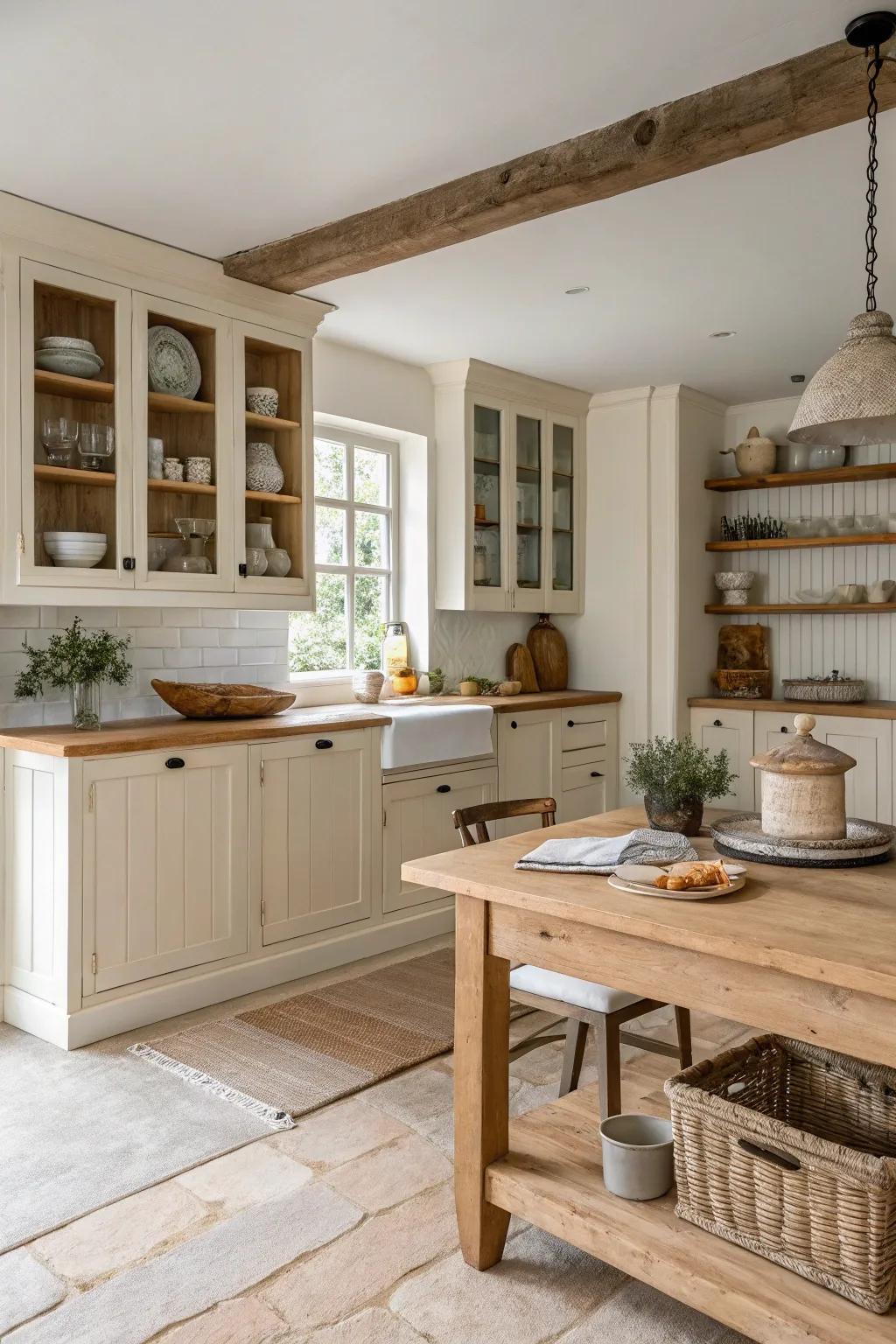 Wood accents bring warmth and charm to off white kitchens, creating an inviting atmosphere. 🌿 #WarmInteriors #CozyKitchen