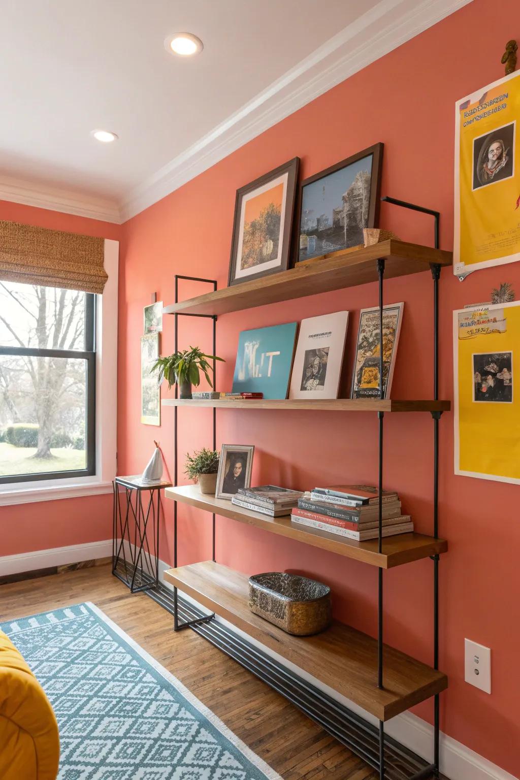 Create depth with layered posters on floating shelves for a relaxed and stylish display.