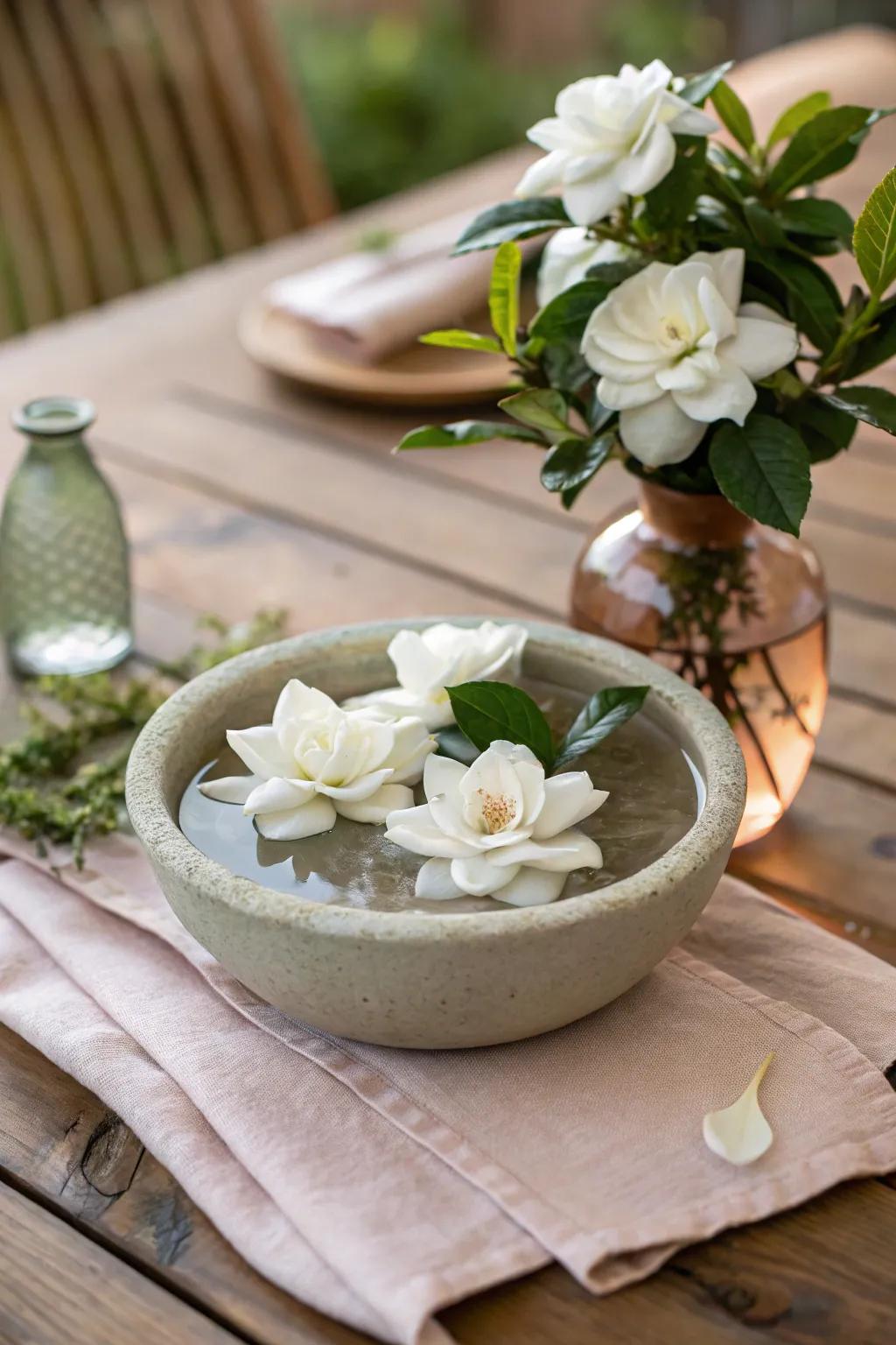 Floating gardenias add a touch of whimsy and fragrance to your living space. #WhimsicalDecor #FloralFantasy 🌿💧