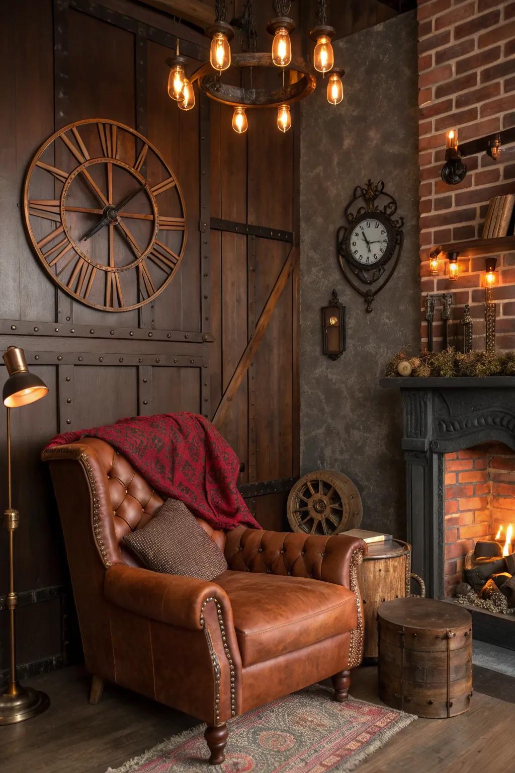Wrap your space in the comforting hues of earth tones for a truly inviting steampunk atmosphere.