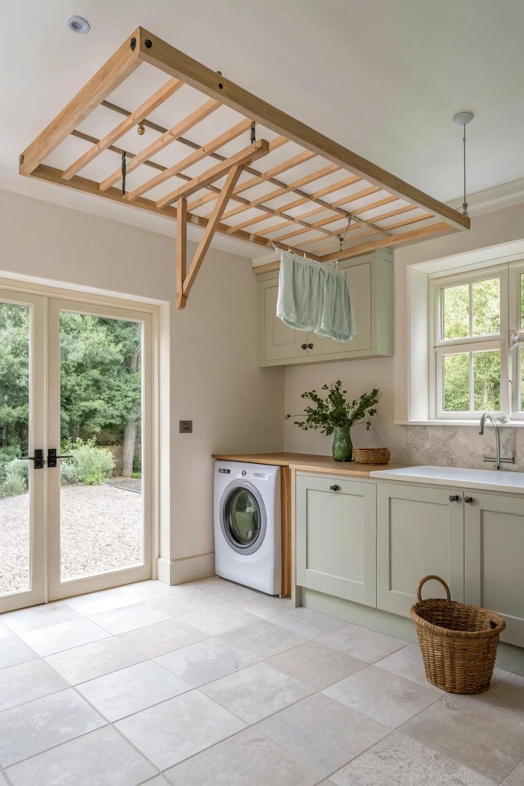 Use ceiling space for drying clothes with a stylish overhead rack. 🌿 #DryingRack #SpaceOptimization