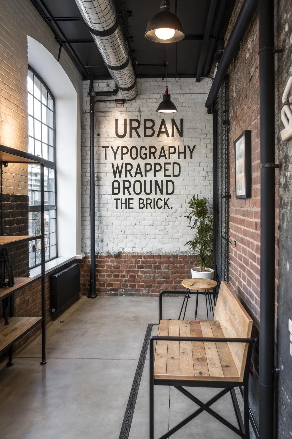 Add an urban edge with chic typography wall wraps. #IndustrialDesign #TypographyArt #HomeStyle