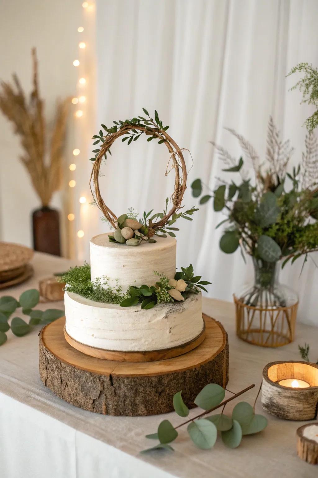 Embrace rustic charm with natural materials for a wedding cake topper that sings of nature's beauty. 🌿 #RusticWedding #CakeTopper