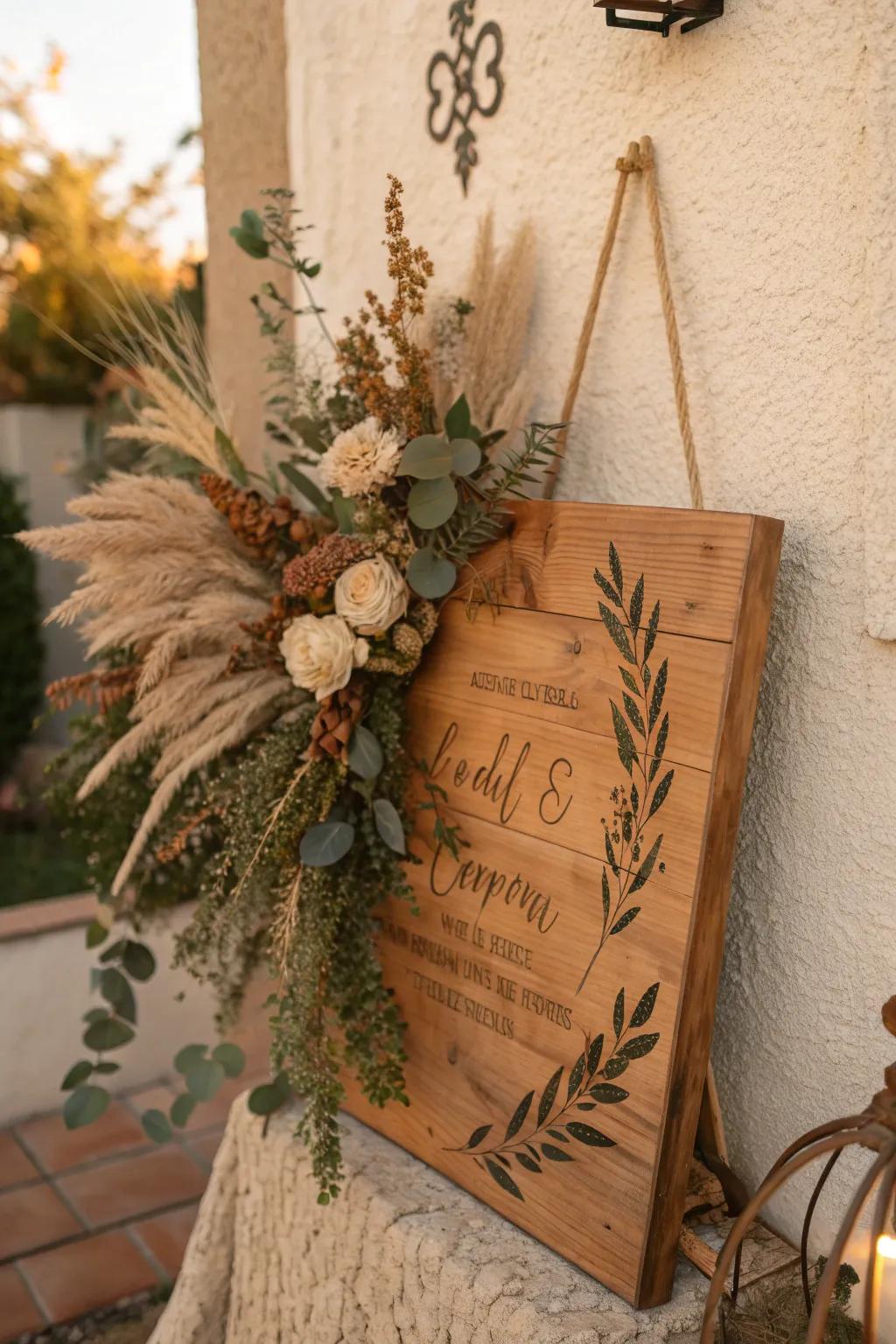 Bring a touch of nature into your decor with a rustic wooden plaque that tells your love story. 🍃 #RusticDecor #WeddingMemories