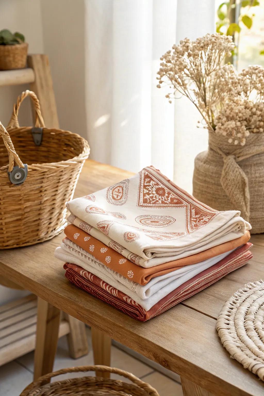 Bring a touch of market charm to your home with a table display of folded bandanas.