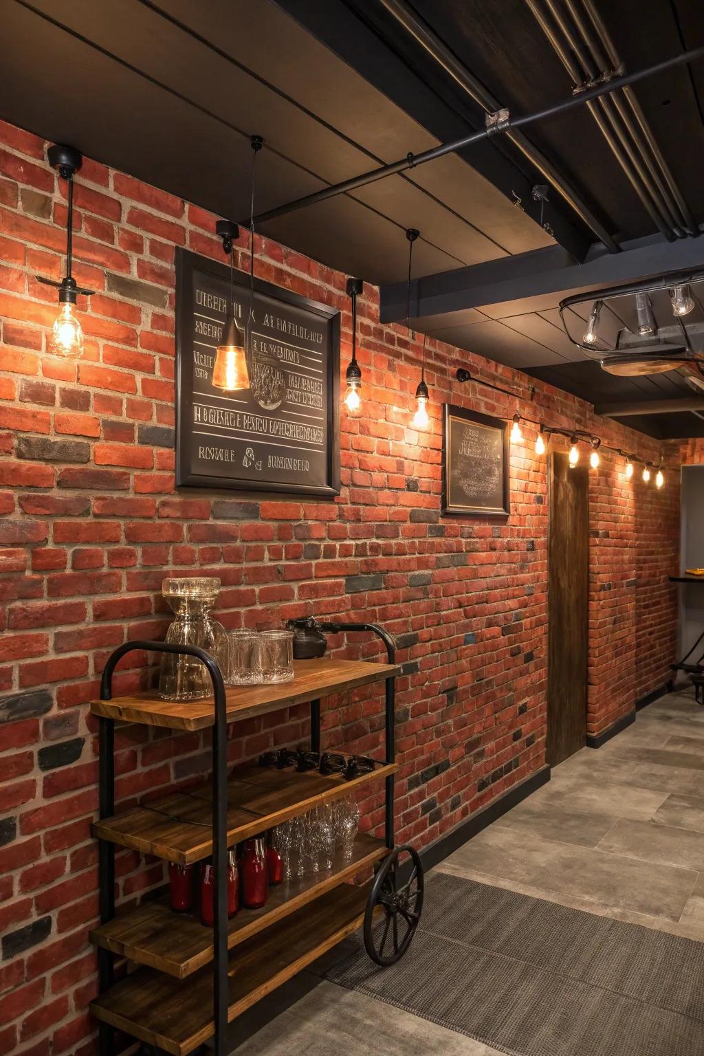 Channel a classic pub vibe with an industrial brick wall, perfect for modern urban charm.