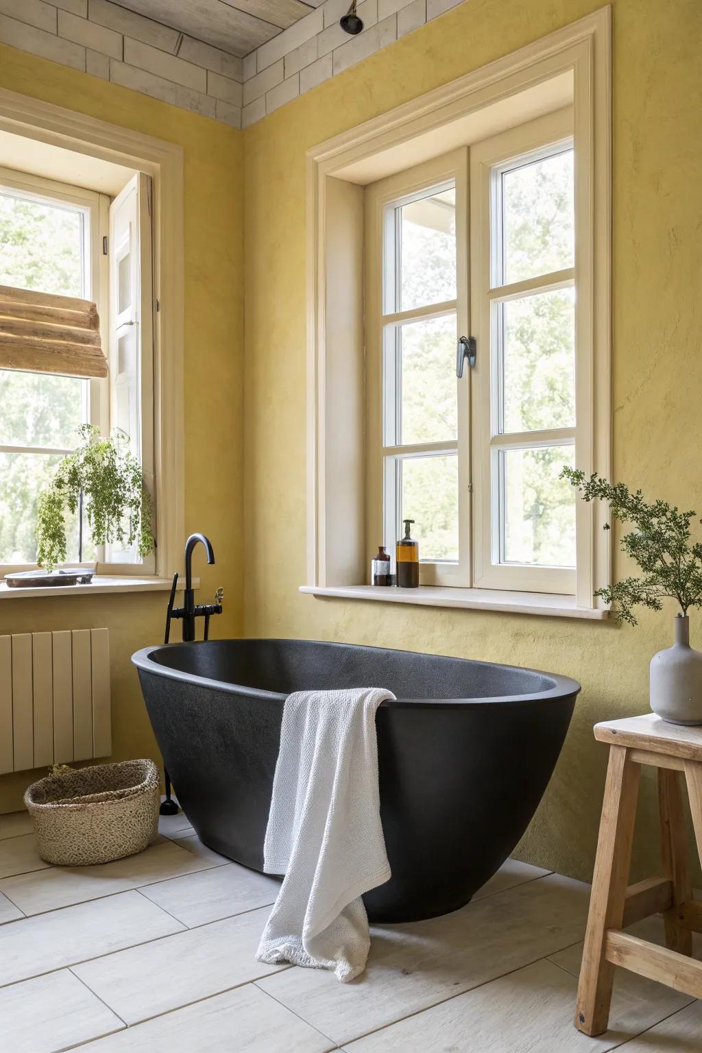 A statement black bathtub offers a touch of luxury, beautifully complemented by soft yellow decor.