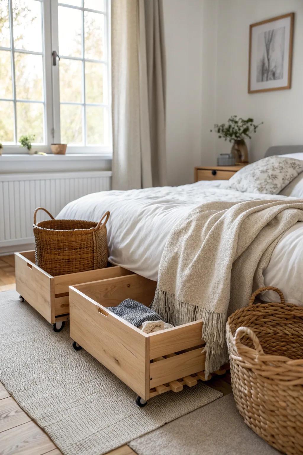 Maximize your space with rolling under-bed storage for seasonal items.