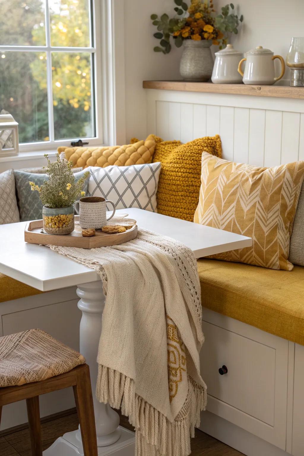 Elevate your kitchen corner with decorative accents that add warmth.