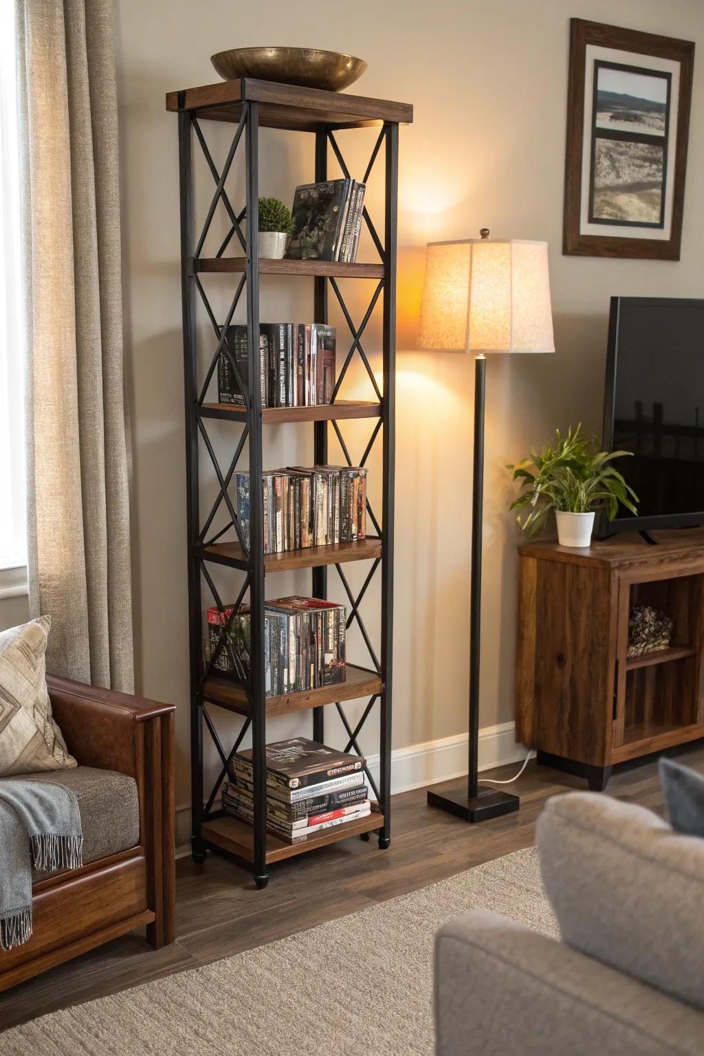 Add flair to your space with a crisscross shelf that artfully displays your DVD collection.