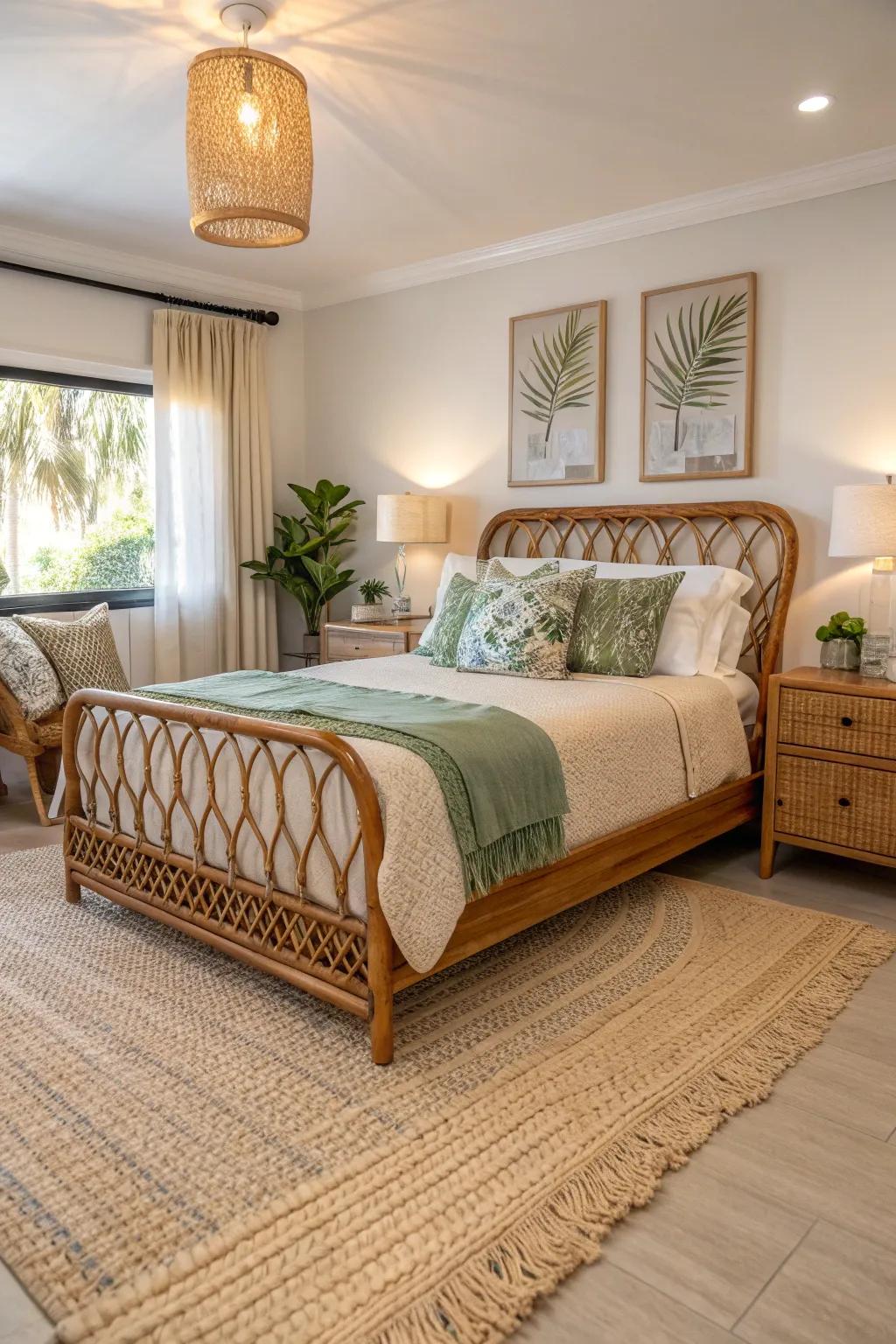 Create a serene escape with natural materials that echo Florida's lush landscapes.