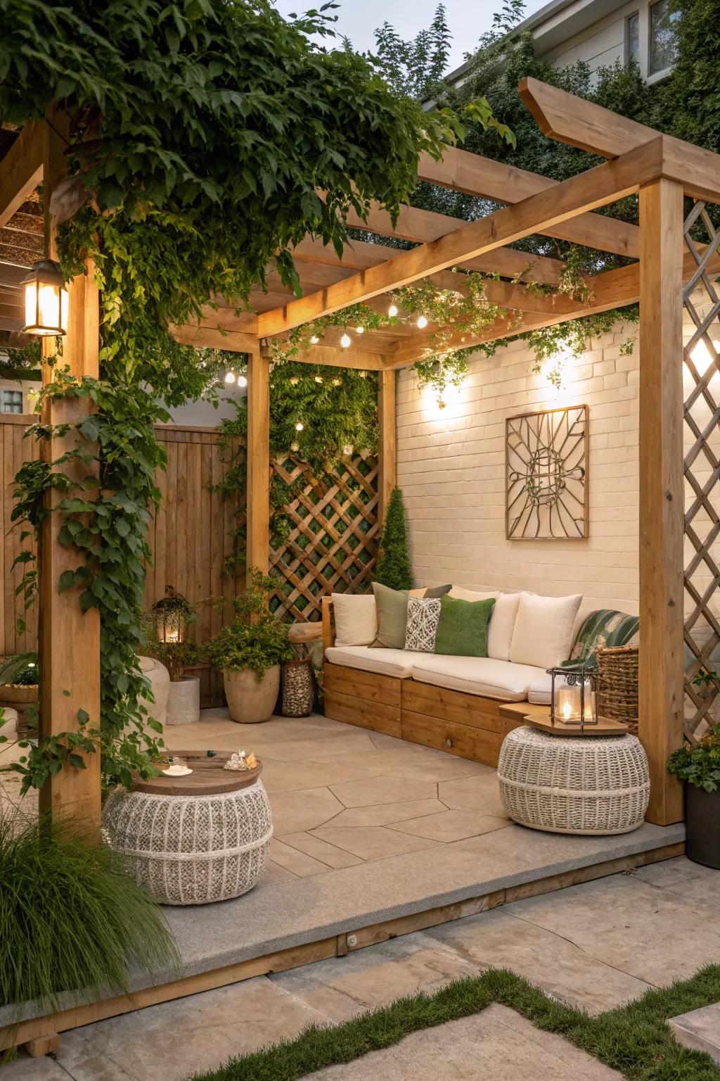 Create a charming exterior with DIY latticework and climbing plants for a homey touch.