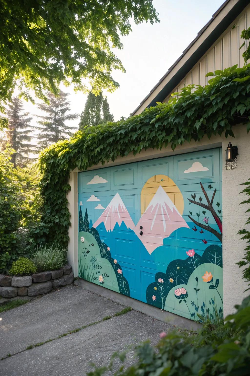 Add a playful twist to your home with a whimsical mountainscape mural that delights and inspires.