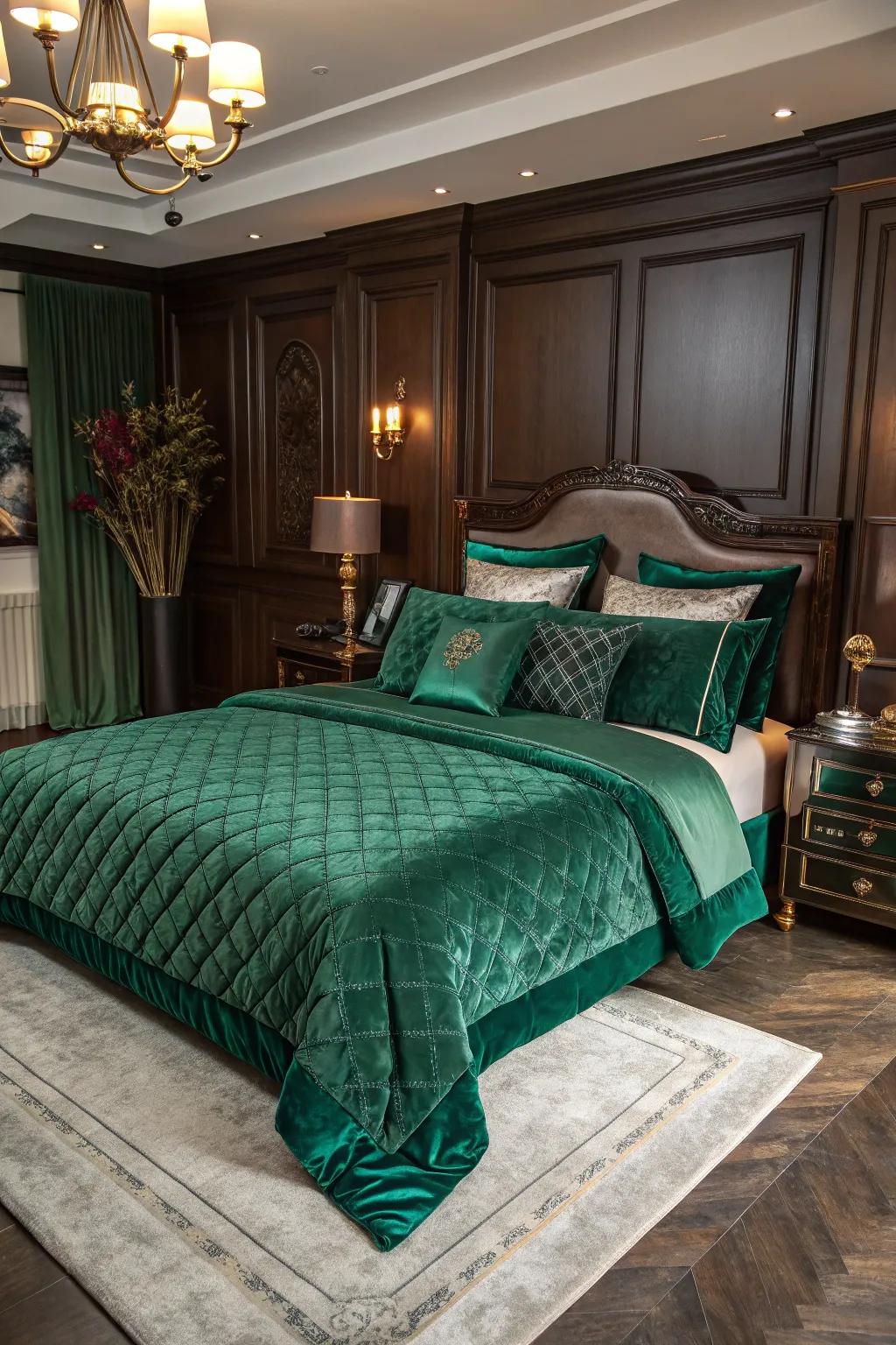 Emerald green adds a touch of luxury and elegance to your bedroom. 🌿 #ElegantLiving #HomeDecor