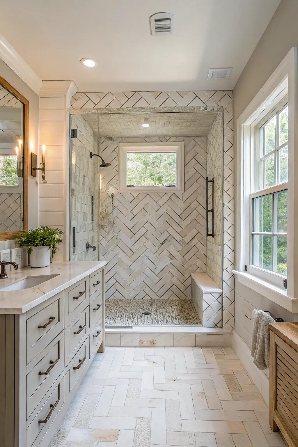 Maximize your shower space with an all-encompassing herringbone tile design. ✨ #ShowerDesign #TileMagic #HomeDecor