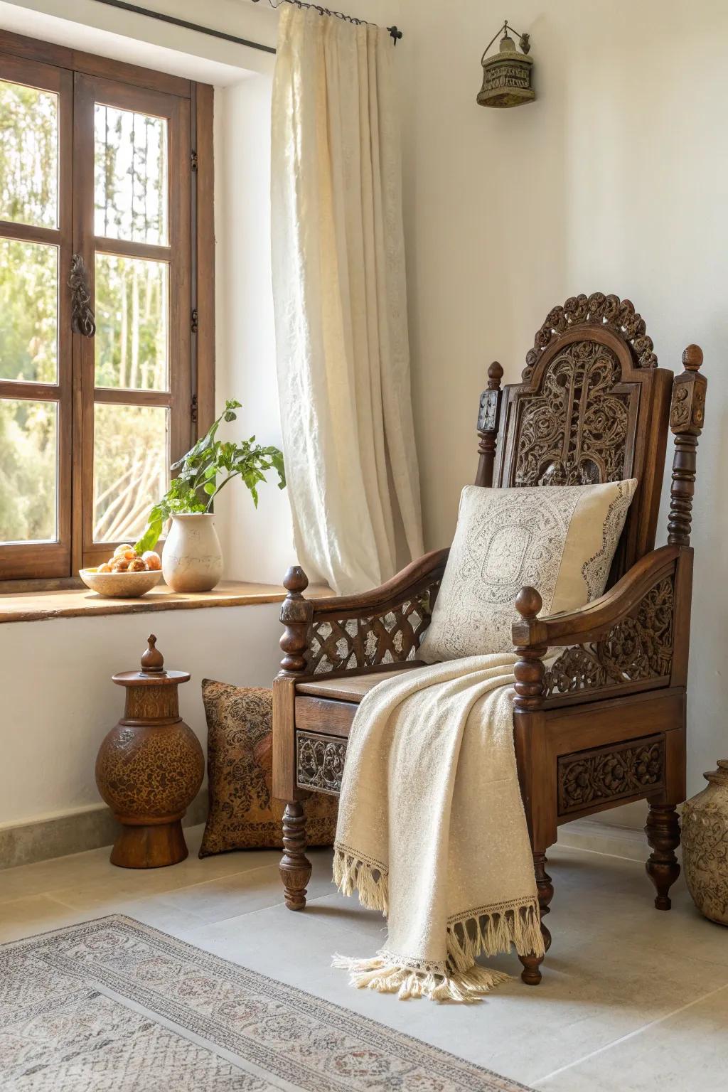Bring in the beauty of Indian craftsmanship with ornate wooden furniture that tells a story.