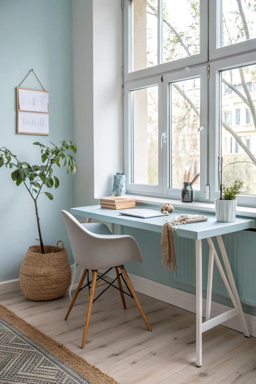 Modern furniture elevates the elegance of your light blue office.