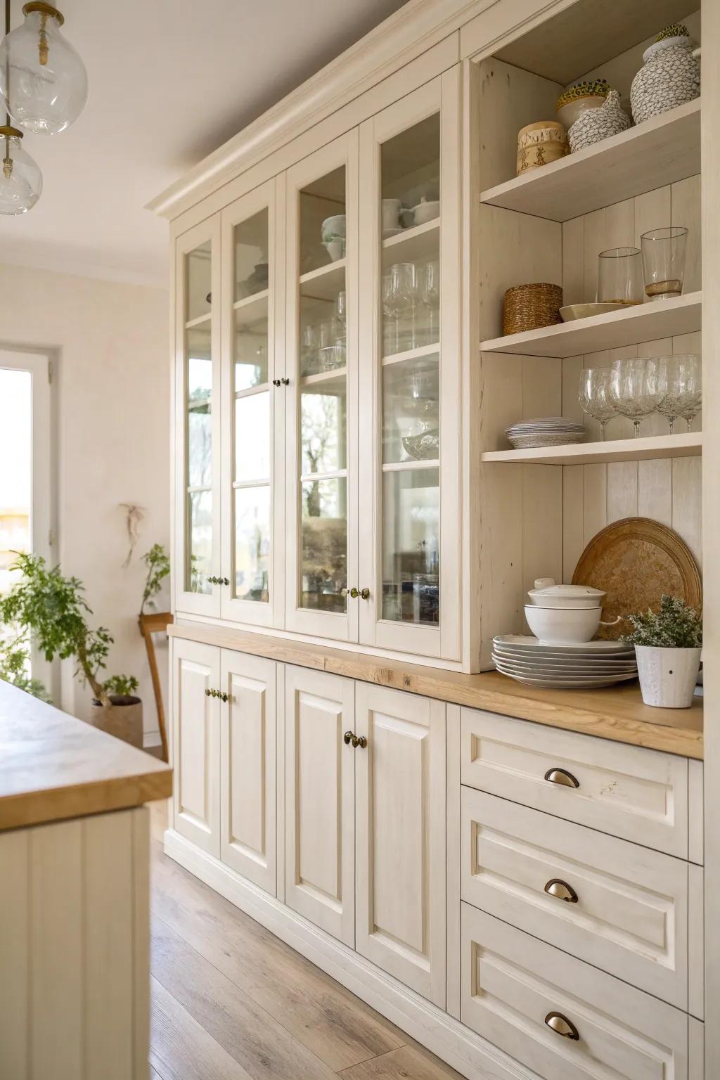 Glass-front cabinets in off white provide openness and style, perfect for showcasing your favorite pieces.