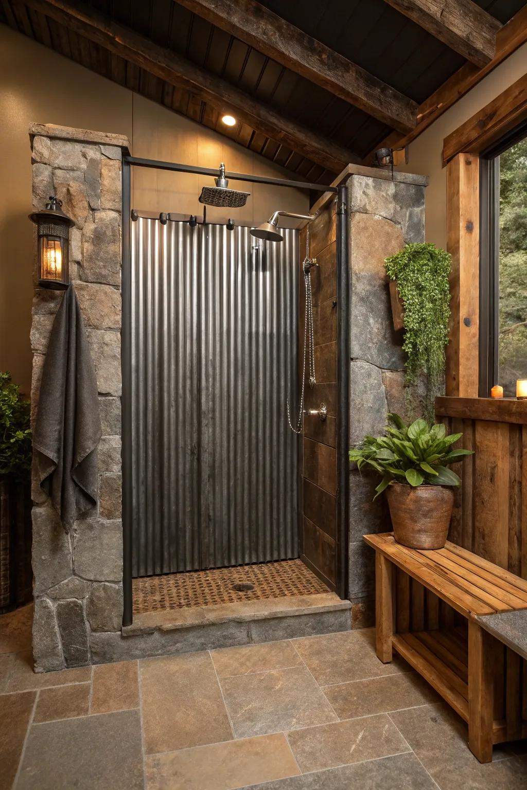 Contrasting textures bring an artful touch to this modern rustic shower design.