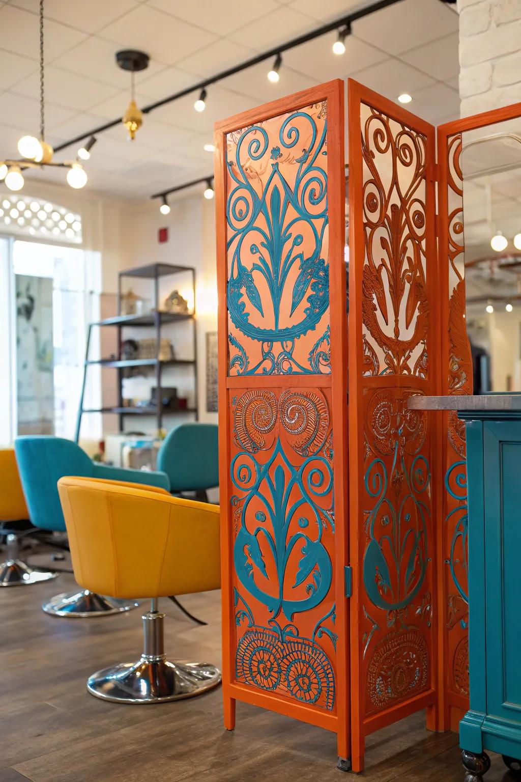 Make a statement with decorative panel partitions that serve as both art and divider.