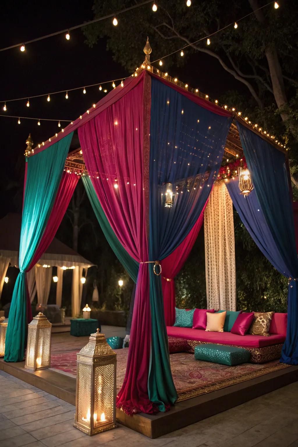 Drape the ceiling in vibrant colors to create an inviting and intimate atmosphere.