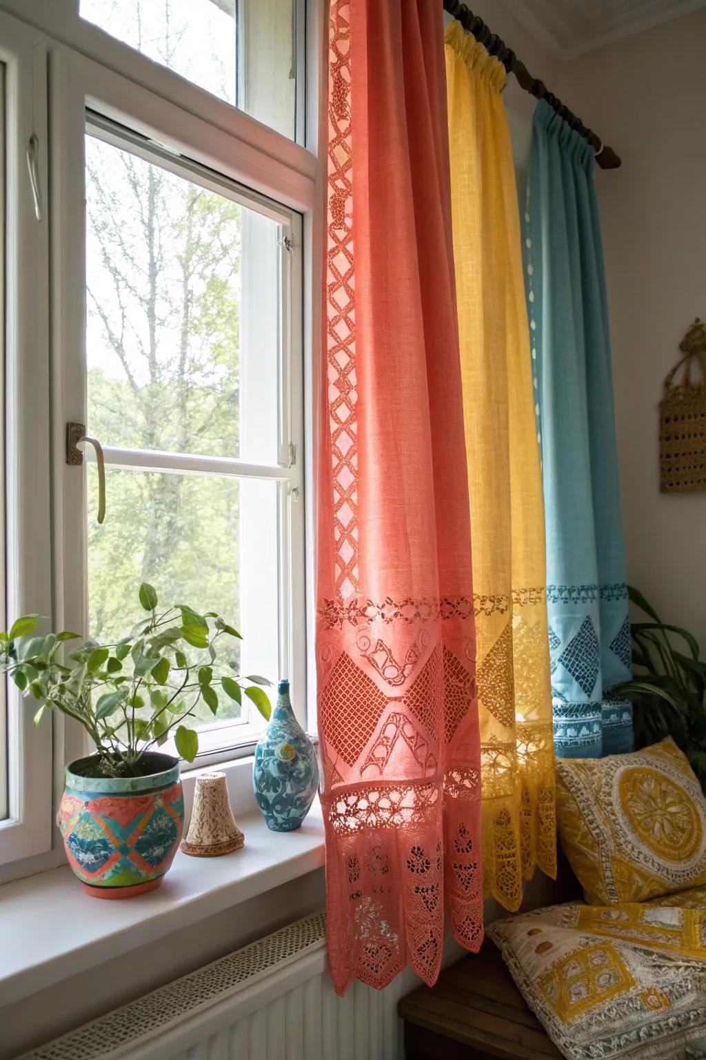 Delicate patterns on short curtains bring an understated elegance to any room.