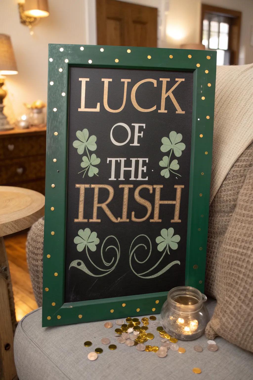 Welcome guests with a festive St. Patrick's Day chalkboard message.