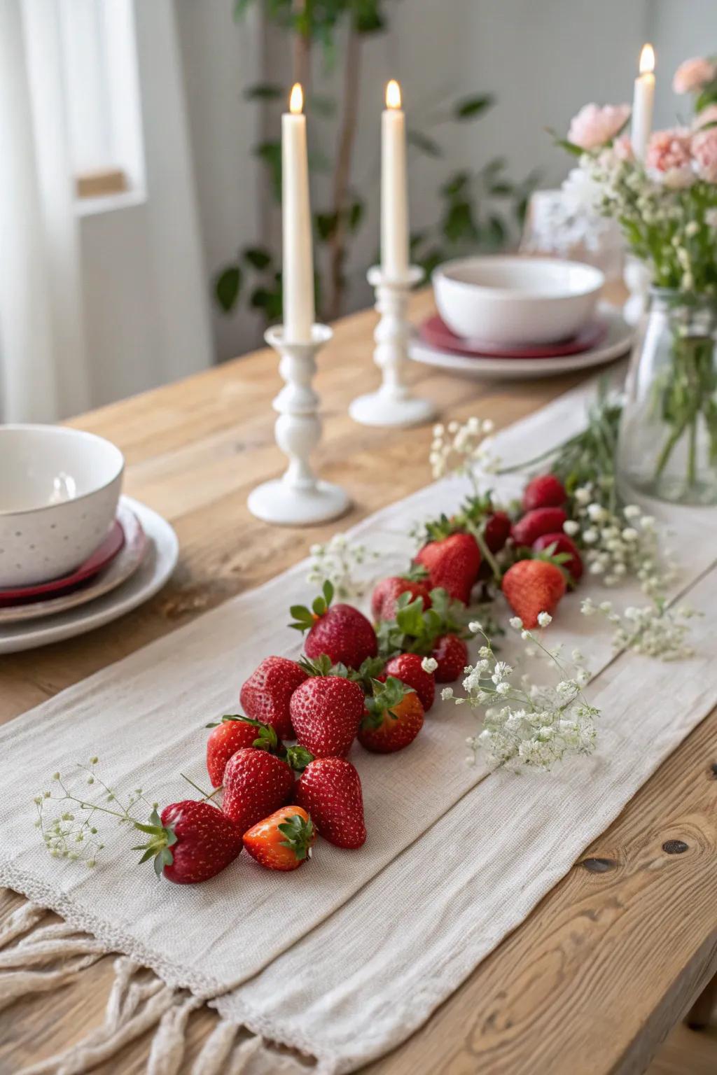 A flowing tablescape full of strawberries and elegance.