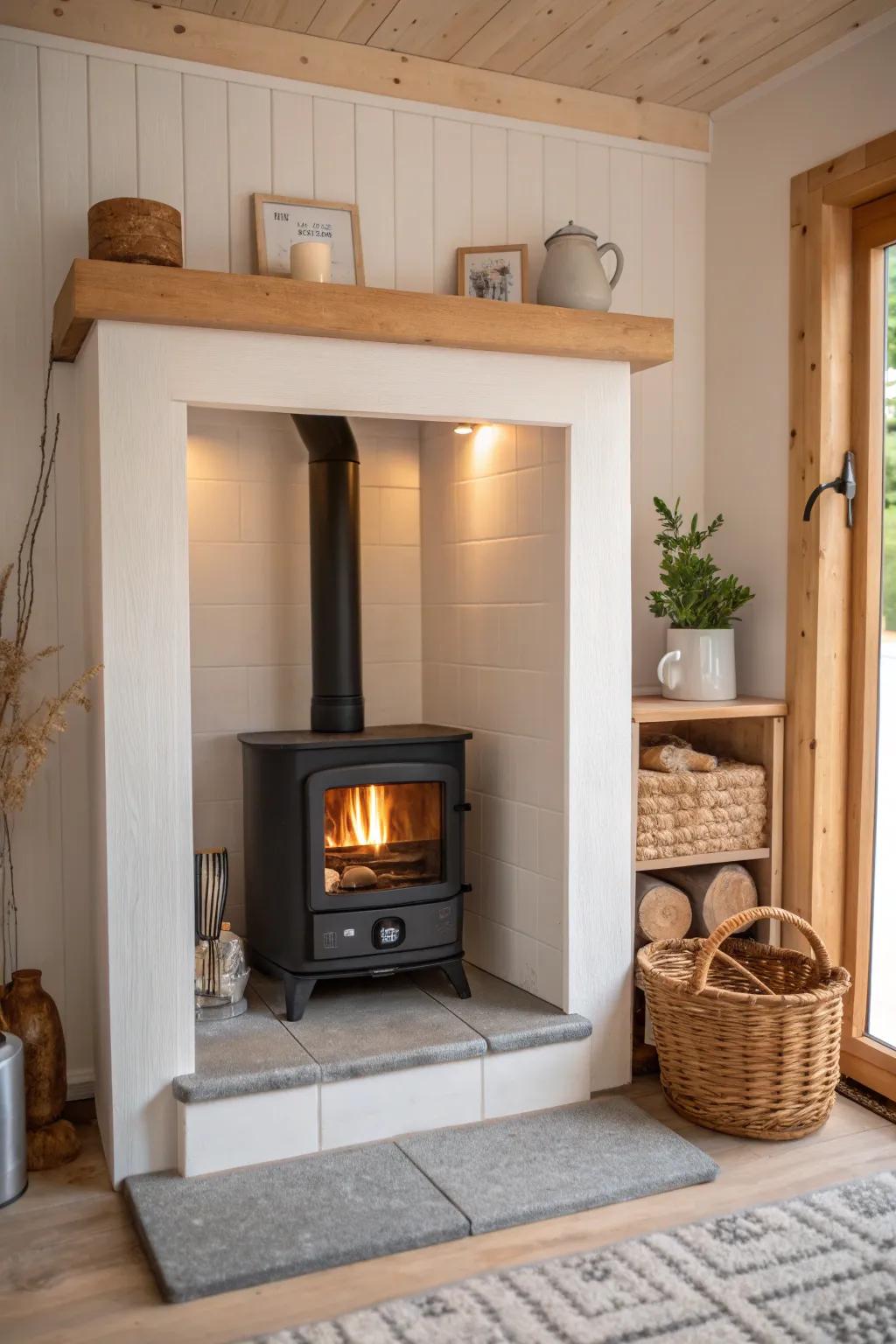 A compact alcove transforms your wood stove into a cozy retreat.