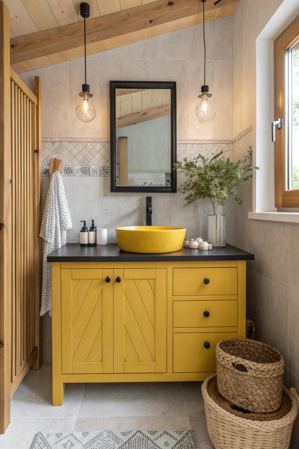 A yellow vanity paired with a black countertop adds a sophisticated pop of color to any bathroom. #InteriorDesign #VanityInspiration